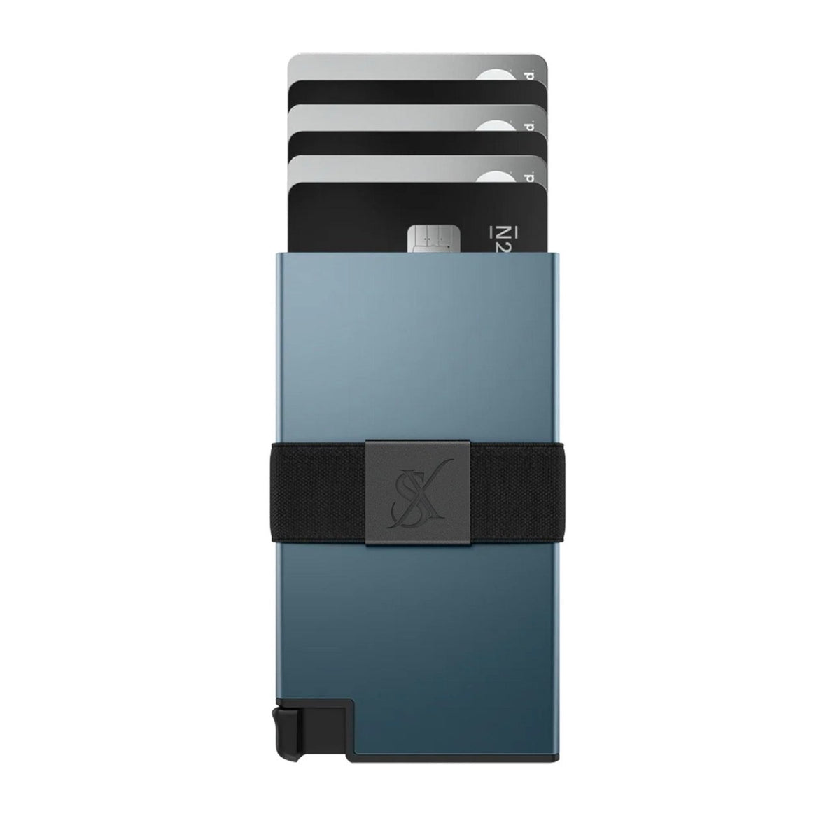 SlimX smart wallet in Blue, front view with cards