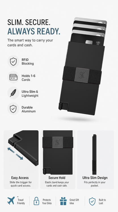 SlimX smart wallet in Black, feature highlights 