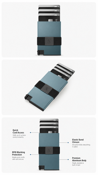 SlimX smart wallet in Blue, three-view details 
