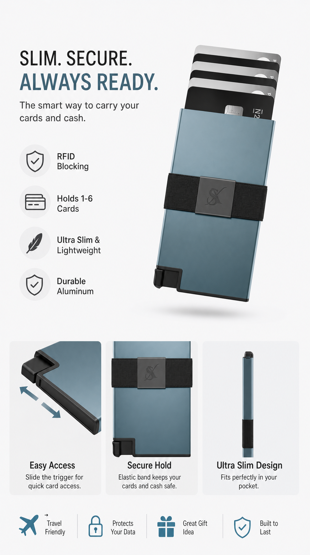 SlimX smart wallet in Blue, feature highlights 