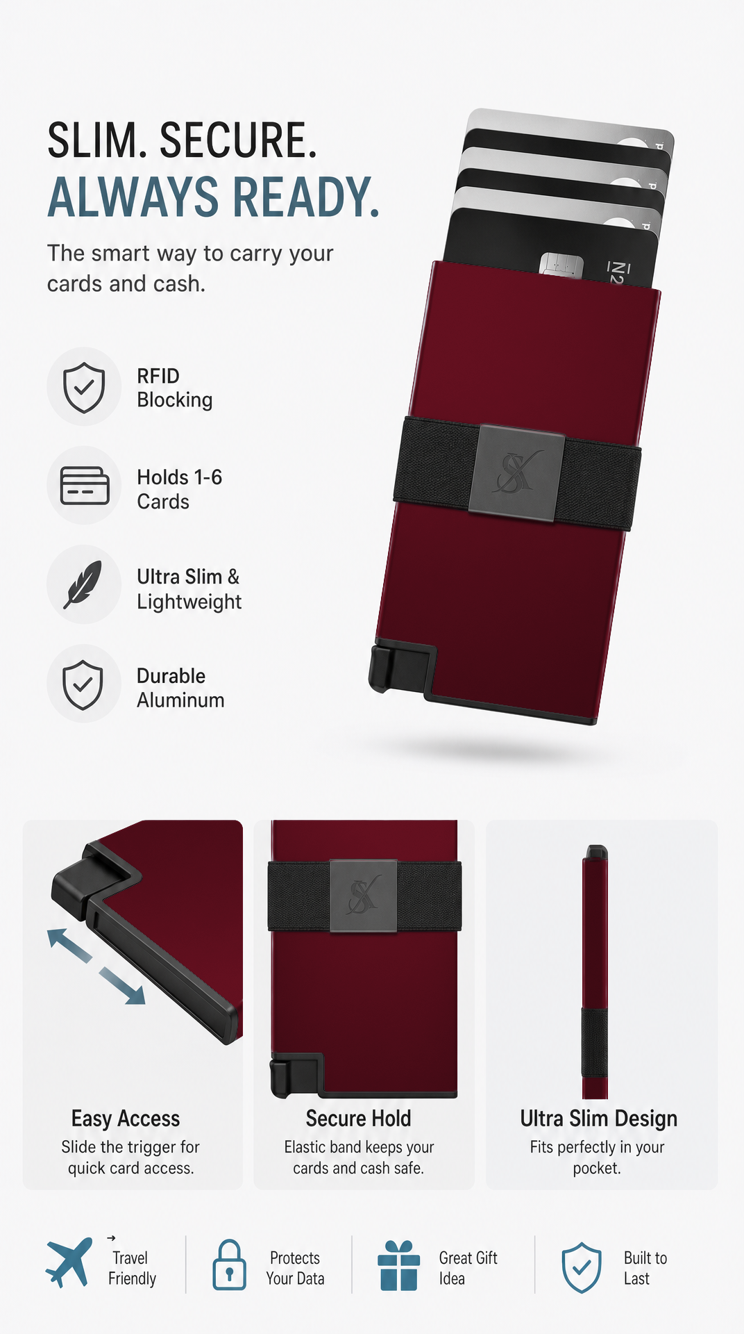 SlimX smart wallet in Red, feature highlights 