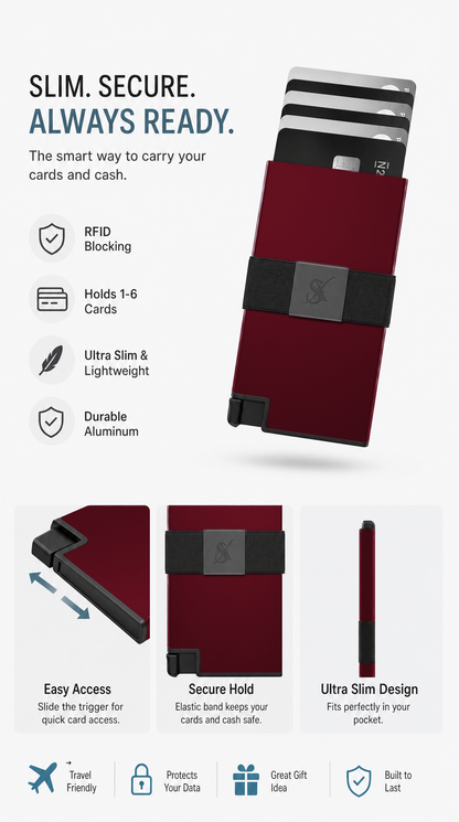 SlimX smart wallet in Red, feature highlights 