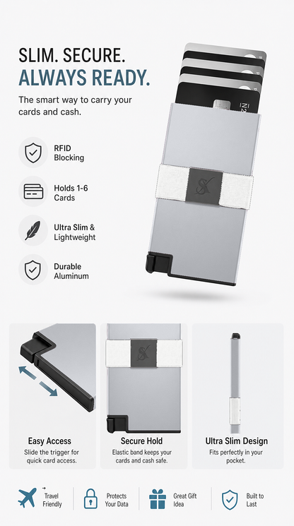 SlimX smart wallet in Silver, feature highlights 